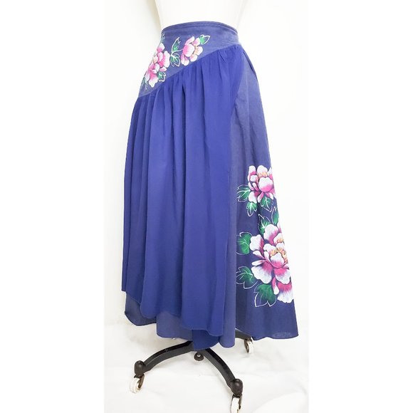 Vintage Womens Handmade Handpainted Floral Layered Flared Skirt Blue XS/S - Picture 11 of 13